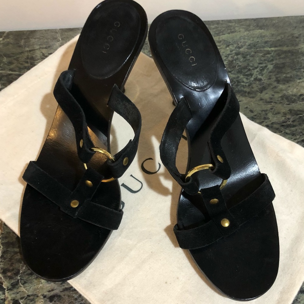 Gucci Black Suede Sandals Gold Metal Heels Sz 7.5